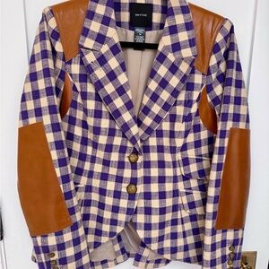 SMYTHE stunning purple and cream Checkered Blazer with genuine Leather Accents